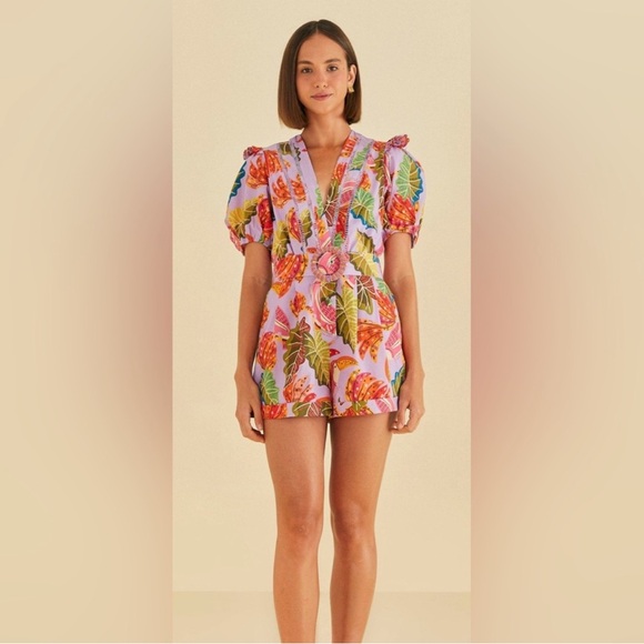 FARM Rio Women’s Lilac Beaks & Bananas V Neck Romper Size XL Tropical Boho - Picture 11 of 11